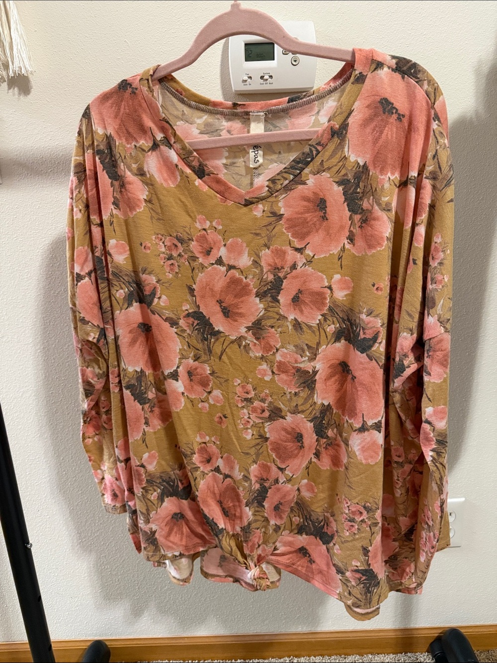 V-Neck Long Sleeve Floral Tee in Pink and Mustard